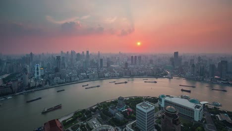 china-shanghai-city-sunset-traffic-cargo-river-bay-roof-top-panorama-4k-time-lapse