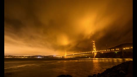 Golden-Gate-Bridge-at-Night,-from-below