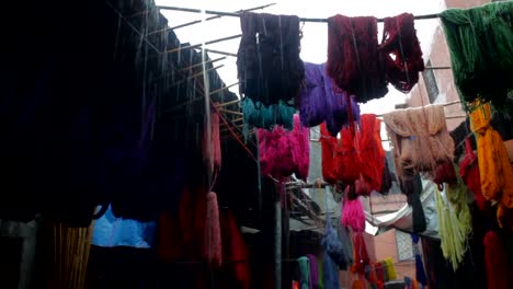 Colored-dyed-yarn-is-dried-on-the-streets-of-Morocco