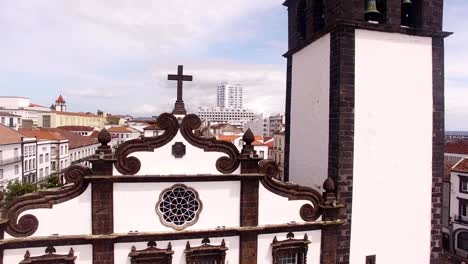 Saint-Sabastian-church-with-clock-tower-in-Ponta-Delgada-on-Sao-Miguel,-Azores,-Portugal.