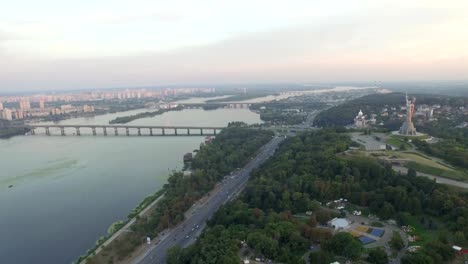 Panorama-of-Kiev,-Ukraine.-Mother-Motherland.-Aerial-view.