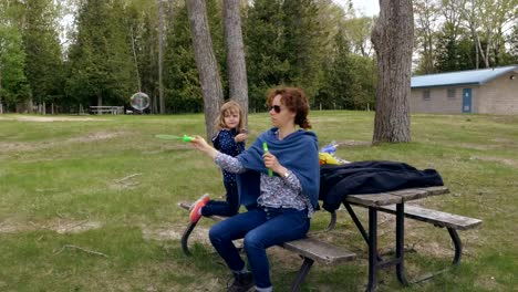 Madre-e-hija-jugando-con-pompas-de-jabón-en-un-parque