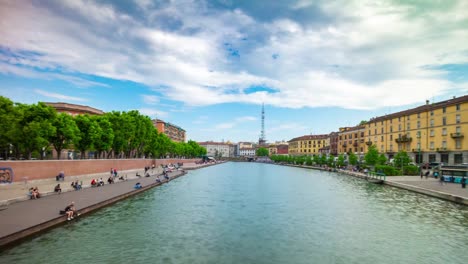 Italy-day-light-milan-city-famous-canal-bay-panorama-4k-timelapse