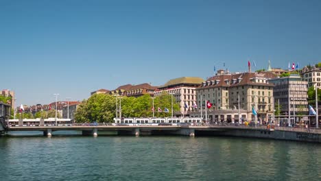 der-Schweiz-Sonnentag-Zürich-Fluss-Stadtbild-Verkehr-Brücke-Panorama-4k-Zeitraffer