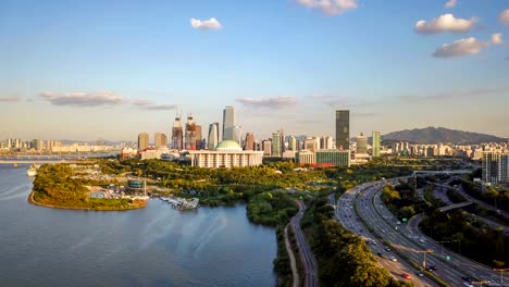 Aussicht-auf-die-Skyline-der-Stadt-Seoul,-South-Korea.Time-Zeitraffer-4k