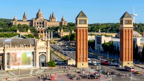 Timelapse-Barcelona-City-Plaza-de-España-im-Sommersaison,-Spanien