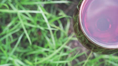 glass-of-wine-on-a-grass-background,-close-up-.