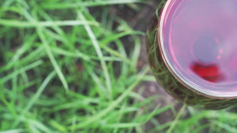 glass-of-wine-on-a-grass-background,-close-up-.