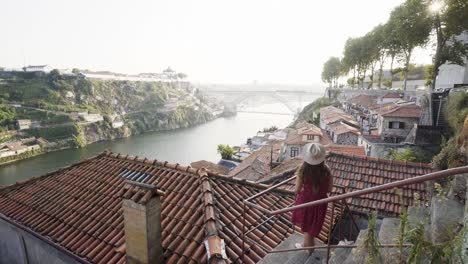 Junge-Dame-in-der-Nähe-von-Dach-Blick-auf-malerische-Aussicht