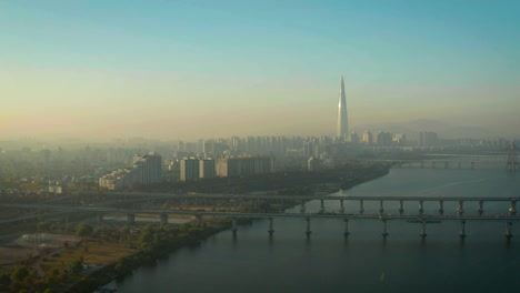 Sunrise-aerial,-Seoul