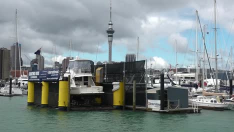 Westhaven-marina-gegen-die-skyline-von-Auckland,-Neuseeland