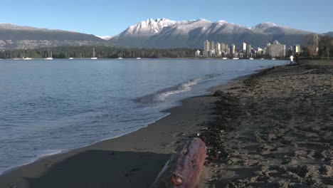 Kitsilano-Beach-Waves,-Mountain-Snow,-English-Bay-4K