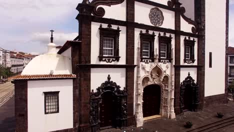 Saint-Sabastian-church-with-clock-tower-in-Ponta-Delgada-on-Sao-Miguel,-Azores,-Portugal.