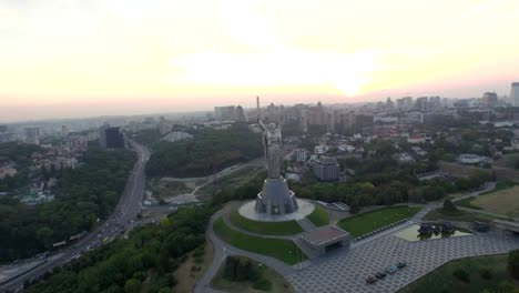 Panorama-of-Kiev,-Ukraine.-Mother-Motherland.-Aerial-view.