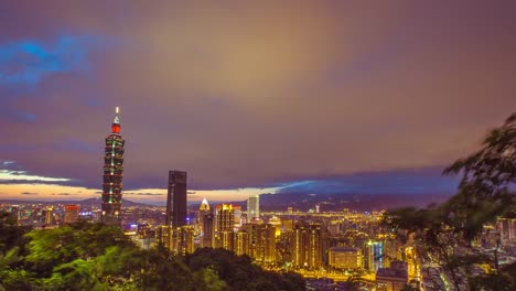 Time-Lapse---Skyline-of-Taipei,-Taiwan-with-Taipei-101-and-Cloudscape-at-Dusk---4K