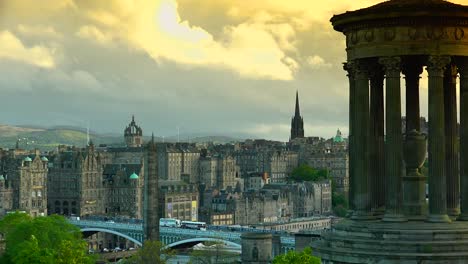 Panoramic-view-of-Edinburgh-city-at-sunset,-Scotland,-United-Kingdom,