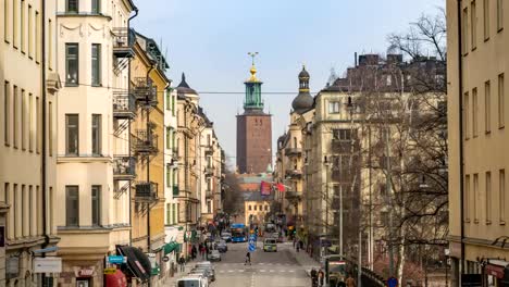 Stockholm-city-skyline-timelapse-at-Stockholm-City-Hall-Bell-Tower,-Stockholm-Sweden-4K-Time-Lapse