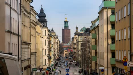 Stockholm-city-skyline-timelapse-at-Stockholm-City-Hall-Bell-Tower,-Stockholm-Sweden-4K-Time-Lapse