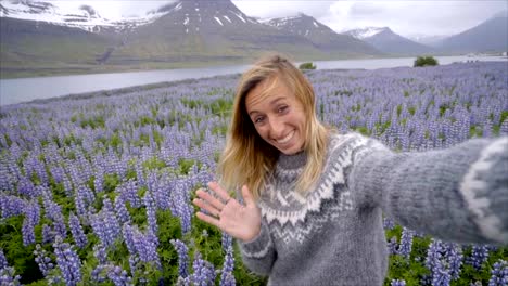 Selfie-portrait-of-tourist-female-in-Iceland-in-the-middle-of-Lupine-purple-flowers,-smiling-hair-in-wind,-wool-seater