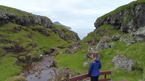 AERIAL:-Cheerful-hiker-looking-down-the-beautiful-gorge-from-a-wooden-bridge.