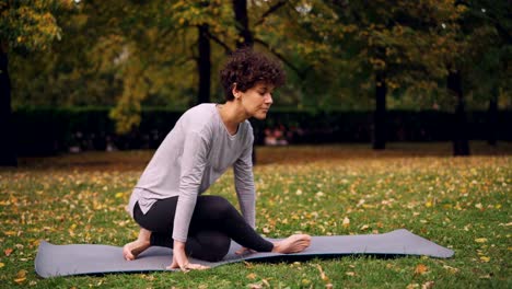 Schlanke-junge-Dame-tut-Abfolge-von-Yoga-Asanas-auf-Matte-im-Park-allein-auf-Herbsttag-mit-schönen-Wiesen-und-Bäume-um-sie-herum-sitzen.-Erholung-und-Sport-Konzept.