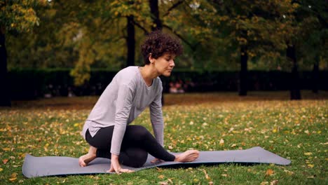 Joven-delgada-realiza-secuencia-de-asanas-de-yoga-sentado-en-la-estera-en-Parque-solamente-en-día-de-otoño-con-hermoso-pasto-y-arboles-a-su-alrededor.-Concepto-de-recreación-y-deporte.