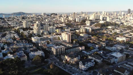 San-Francisco-city-architecture-in-Downtown-aerial-top-view-at-sunset