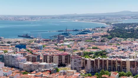 Lisboa-sobre-el-río-Tajo-Banco-central-Portugal,-timelapse