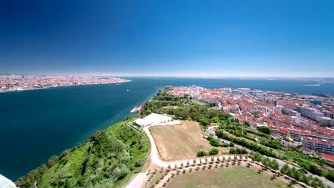 Lisboa-sobre-el-río-Tajo-Banco-central-Portugal,-timelapse