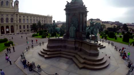 Aerial-shot-of-Vienna-architecture-monument-near-Museumsquartier.-Beautiful-aerial-shot-above-Europe,-culture-and-landscapes,-camera-pan-dolly-in-the-air.-Drone-flying-above-European-land.-Traveling-sightseeing,-tourist-views-of-Austria.