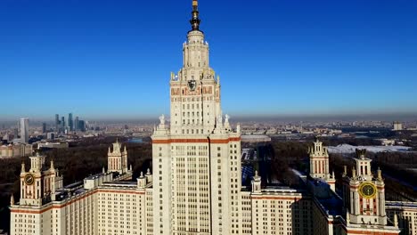 Aerial-view-of-Moscow-with-the-State-University,-MGU,-and-skyscraper-complex