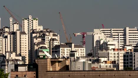 Timelapse-of-building-cranes-working-in-Seoul,-South-Korea