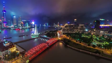 China-shanghai-Nacht-Stadtbild-Innenstadt-Fluss-Bucht-Dach-Top-Panorama-4k-Zeitraffer