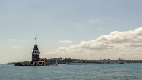 Maiden's-Tower-And-Bosphorus-Time-Lapse,-Istanbul,-Turkey