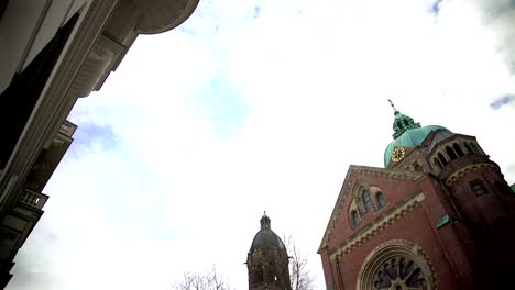 Panoramic-view-on-old-protestant-St.-Luke's-church-in-Munich,-architecture