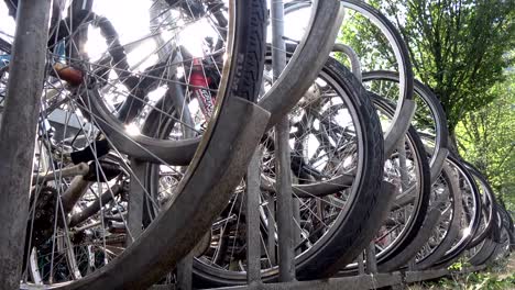 Bicycle-parking-space-in-the-city-of-Amsterdam,-a-cyclist-friendly-city,-4K