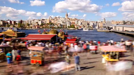 Timelapse-of-people-walking-around-famoust-tourist-place-in-Istanbul-with-Galata-Tower-view-and-Bosphorus