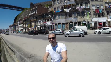 Young-Traveller-Taking-a-Selfie-in-Porto,-Portugal