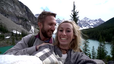 Selfie-of-young-couple-on-mountain-at-Moraine-lake