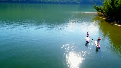 Couple-on-stand-up-paddle-board-oaring-in-river-4k