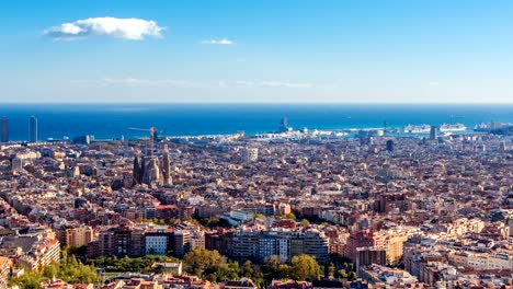 Panoramic-view-of-Barcelona-and-the-mediteranean-sea-on-the-background