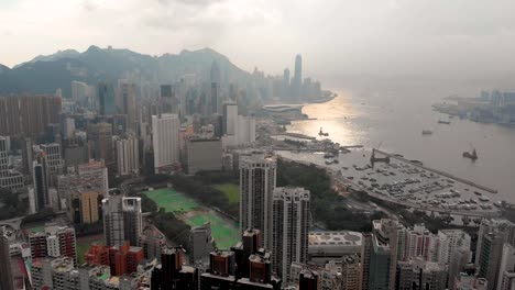 Aerial-panning-shot-of-Hong-Kong-island