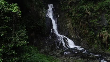 Aerial-View-of-Waterfall-in-the-Tropical-Rainforest-Mountains