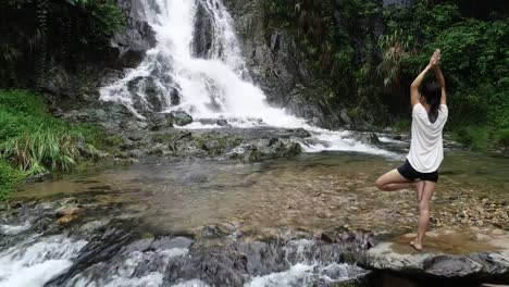 Aerial-view-of-healthy-lifestyle-woman-doing-yoga-near-waterfall-in-forest