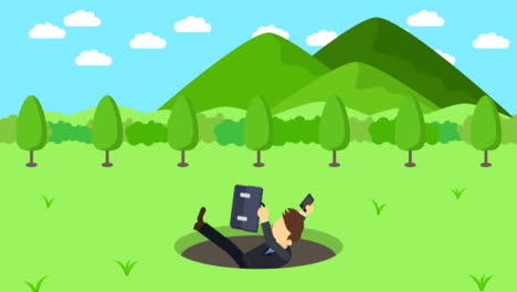 Business-man-fall-into-the-hole.-Background-of-mountains.-Risk-concept.-Loop-illustration-in-flat-style.