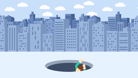 Business-woman-fall-into-the-hole.-Background-of-buildings.-Risk-concept.-Loop-illustration-in-flat-style.