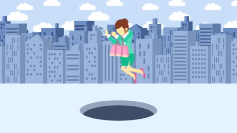 Business-woman-jump-over-the-hole.-Background-of-buildings.-Risk-concept.-Loop-illustration-in-flat-style.