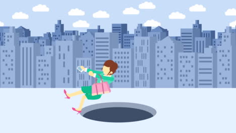 Business-woman-fall-into-the-hole.-Background-of-buildings.-Risk-concept.-Loop-illustration-in-flat-style.