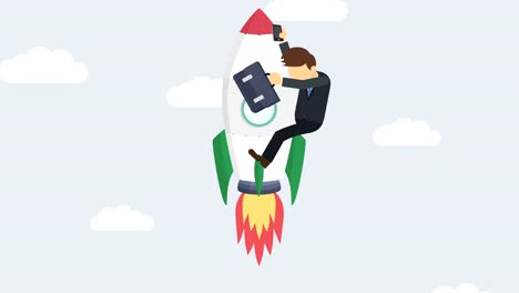 Business-man-flying-on-rocket-through-cloud-sky.-Leap-concept.-Loop-illustration-in-flat-style.