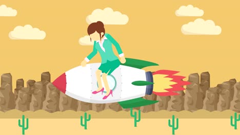 Business-woman-flying-on-rocket-through-the-desert.-Leap-concept.-Loop-illustration-in-flat-style.